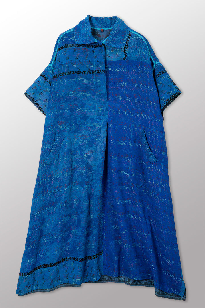 VINTAGE SILK GEORGETTE COTTON KANTHA WING COLLAR DRESS - gc2454-0001a -