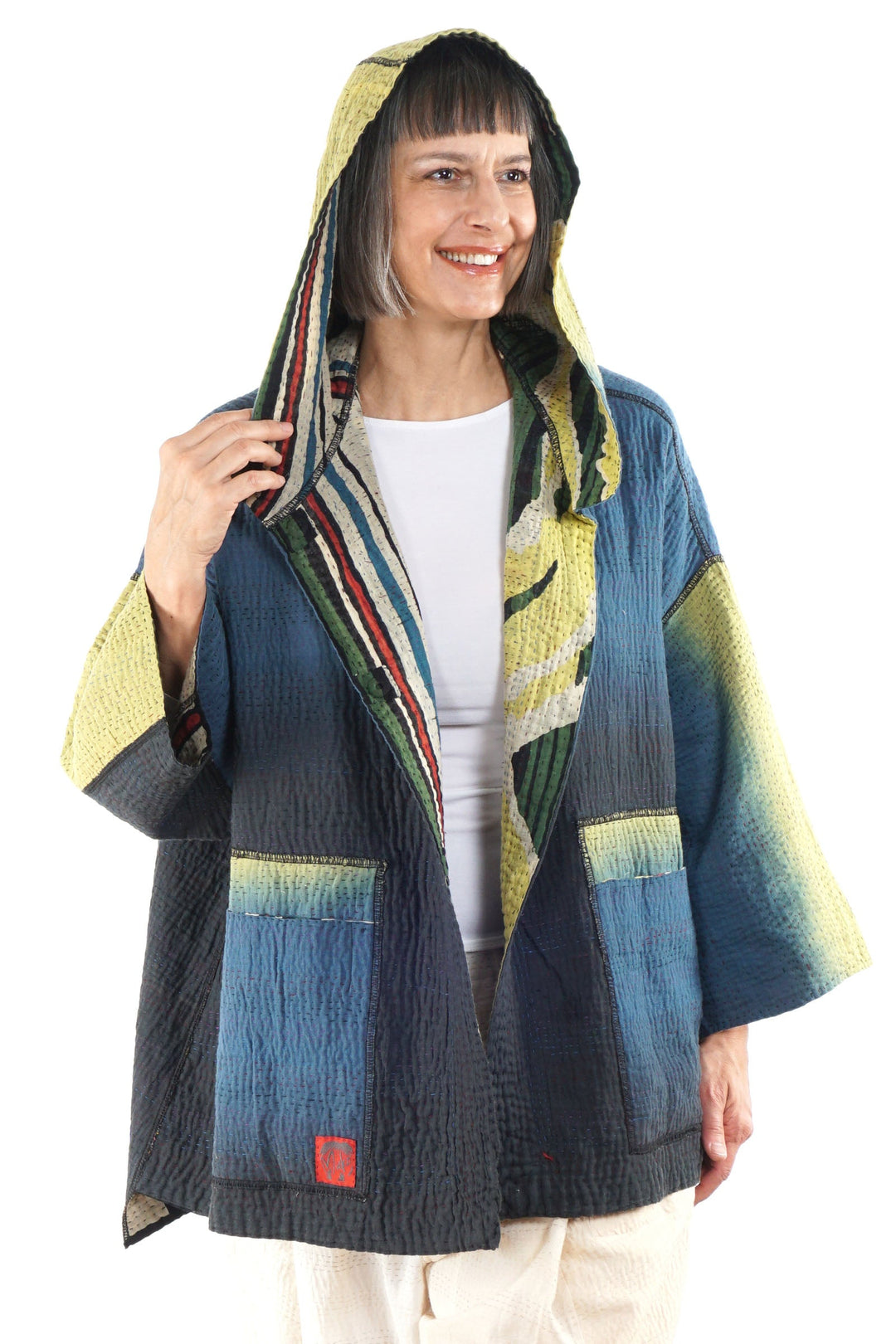 STRIPE AND BENDS KANTHA HOODIE PONCHO - sb4064-grn -