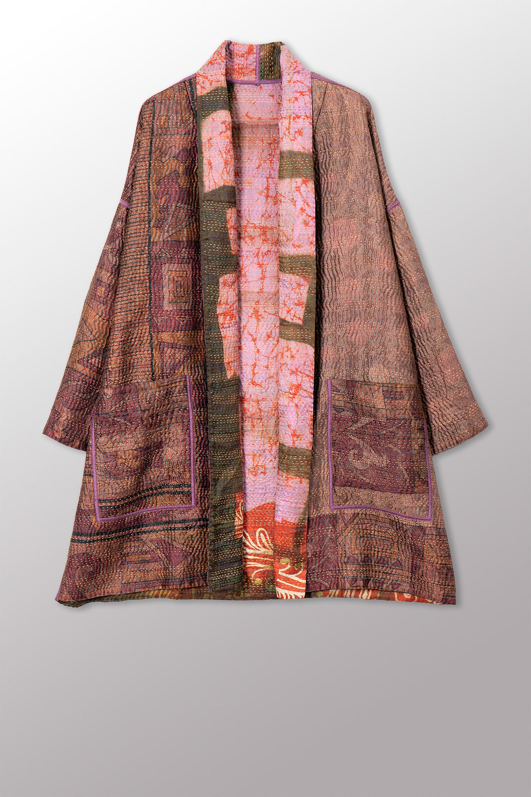 VINTAGE PRINTED SILK CLAMP DYE WITH JACQUARD KANTHA HAORI JACKET - sk4068-0001a -