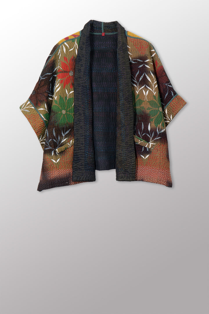 VINTAGE COTTON GREY CLAMP TIE DYE KANTHA MINI PONCHO - su4060-0003a -