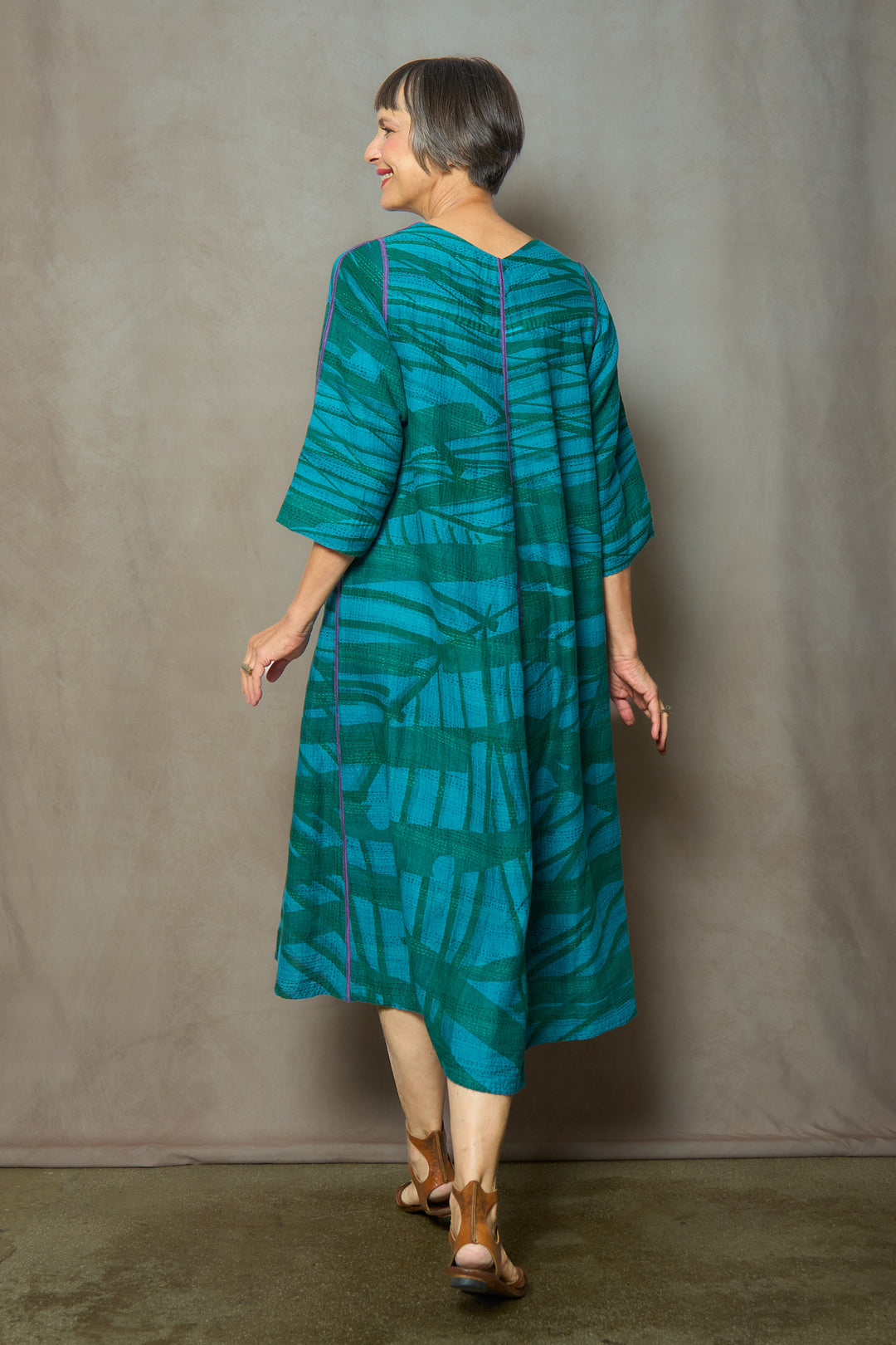 MARIGOLD PRINT WITH OVERDYE KANTHA V-NECK FLARE DRESS - ov-mg2457-tuq -
