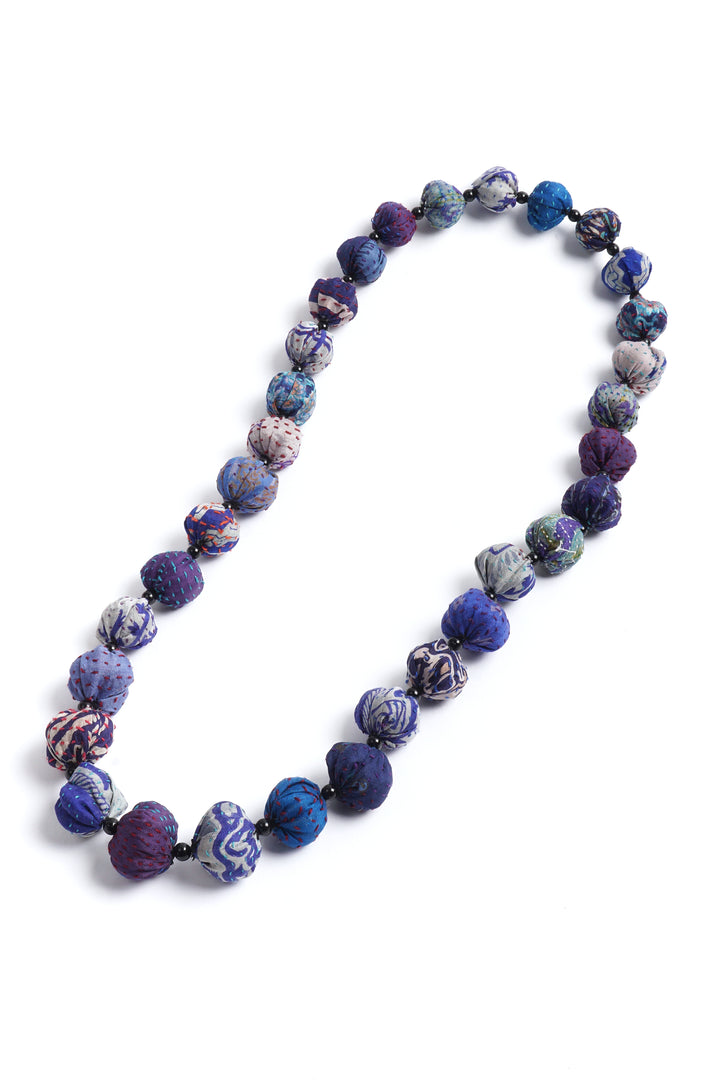 VINTAGE SILK KANTHA SMALL NUTS MEDIUM NECKLACE - sv2705-blu -