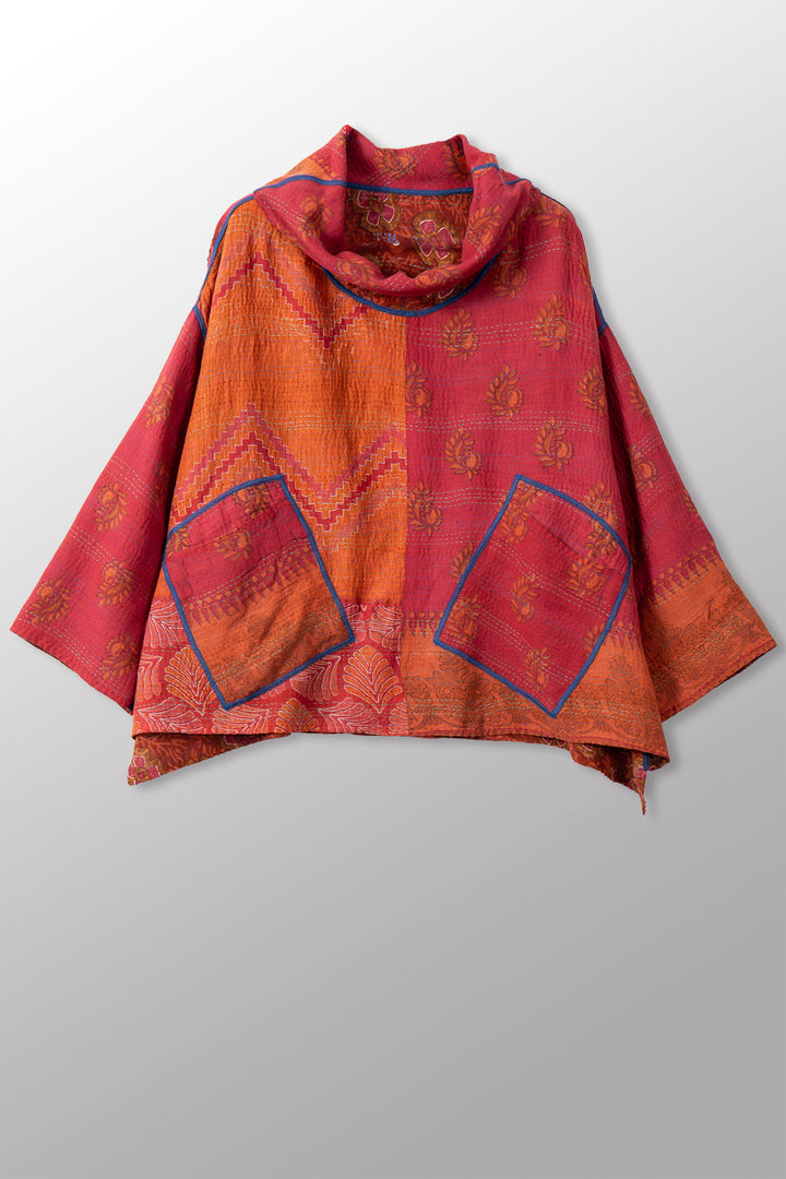 VINTAGE SILK GEORGETTE COTTON KANTHA COWL PULLOVER - gc2547-0002a -