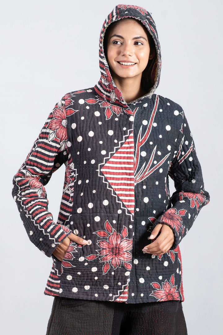 QUILTED VINTAGE COTTON KANTHA HOODED FIT JKT - cq5054-0005l -