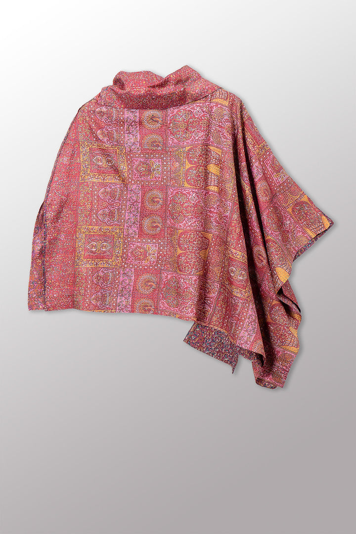 VINTAGE SILK KANTHA COWL NECK LONG CAPE - sv2842-0023a -
