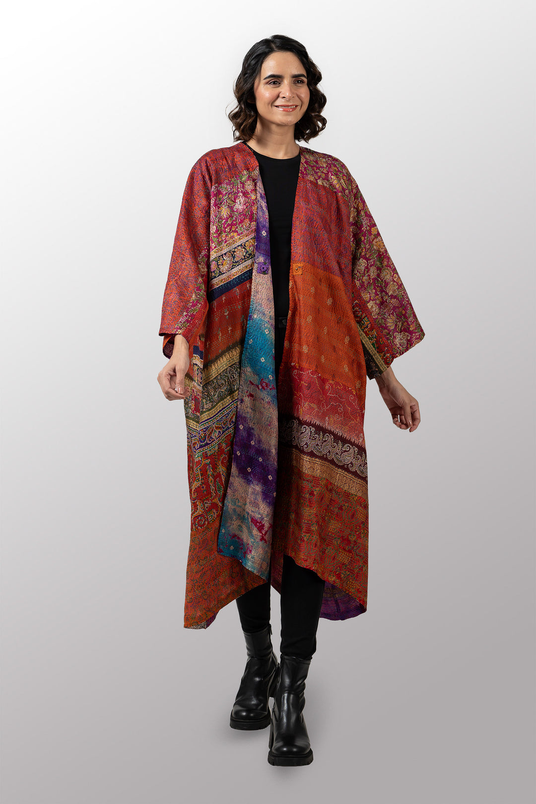 VINTAGE SILK KANTHA KIMONO MAXI - sv2318-0012a -