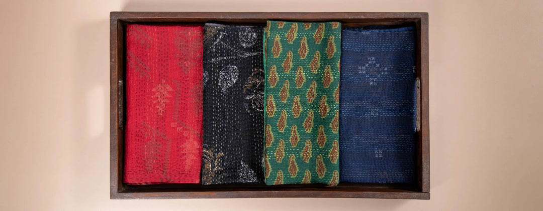 Landscape Handmade Vintage Kantha Napkin -Red (Set of 2)