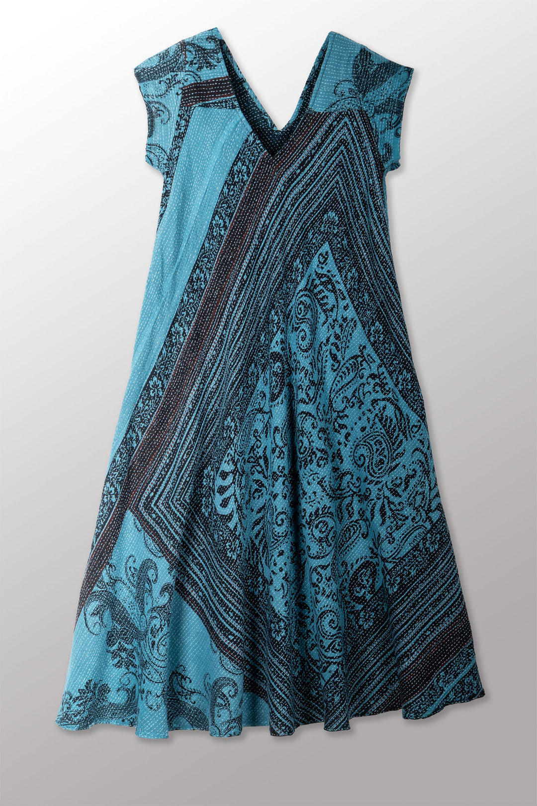 paisley fit and flare dress OVERDYED COTTON PAISLEY KANTHA CAP SLV. FLARE DRESS - ov-cp2425-blu