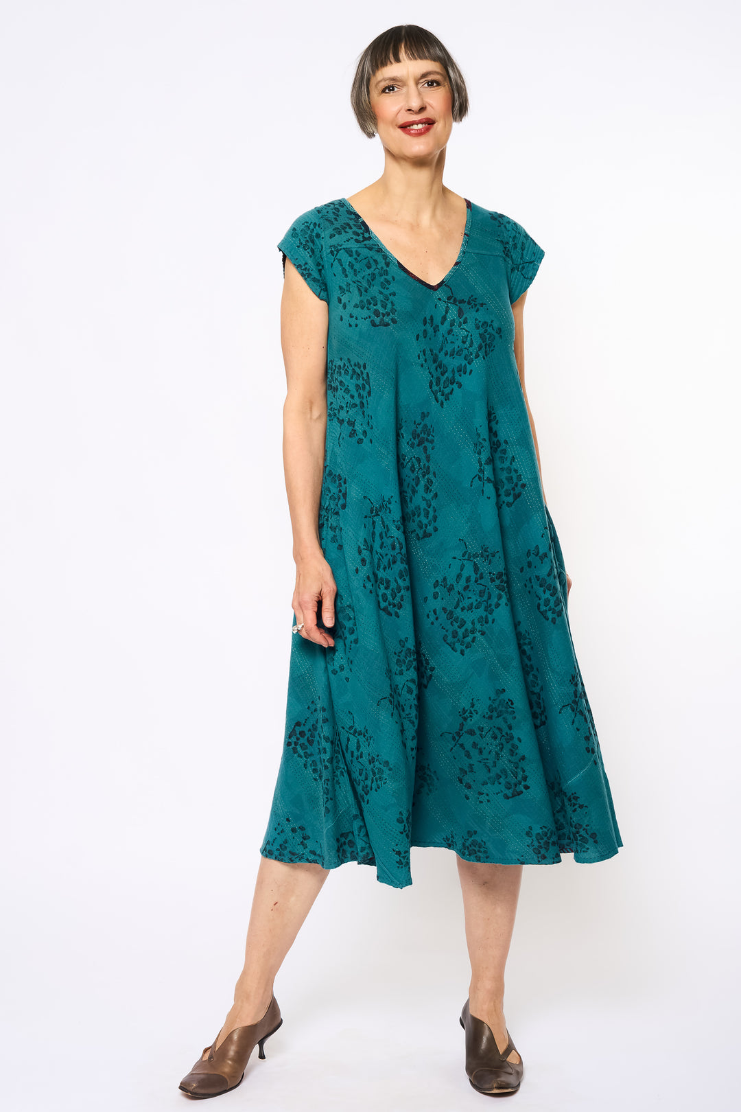 VINTAGE COTTON & NEW VOILE KANTHA CAP SLV. FLARE DRESS - cn2425-0007m -