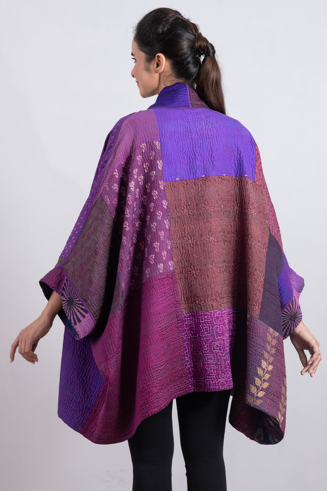 JACQUARD SILK KANTHA DOUBLE COLLAR PONCHO - js4323-prp -