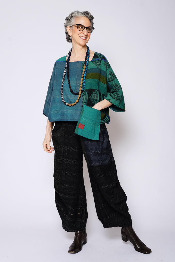 COTTON SILK SW PATCH KANTHA 3/4 SLV. CROP TOP - ws2528-tel -