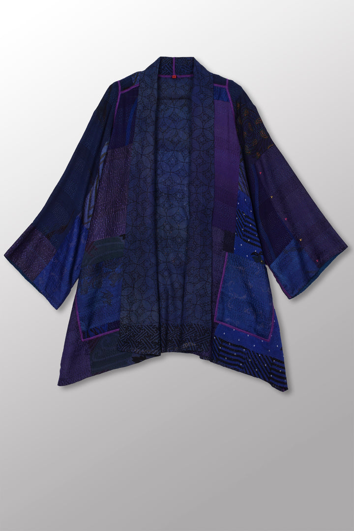 GEORGETTE VINTAGE SILK PATCH KANTHA A-LINE JKT - gs2003-nvy -