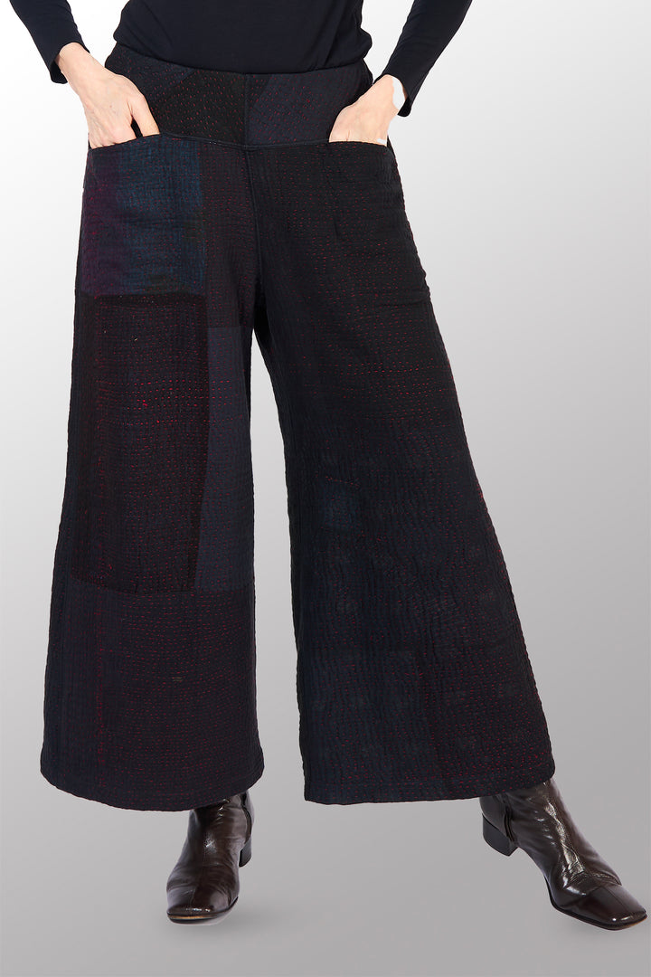 MUJI PATCH KANTHA MID RISE WIDE LEG PANTS - mp4665-blk -