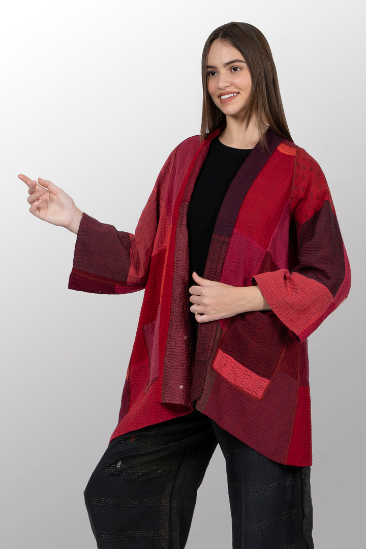 STRIPE AND CHECK COTTON SILK PATCH KANTHA A-LINE JACKET - ss4003-red -