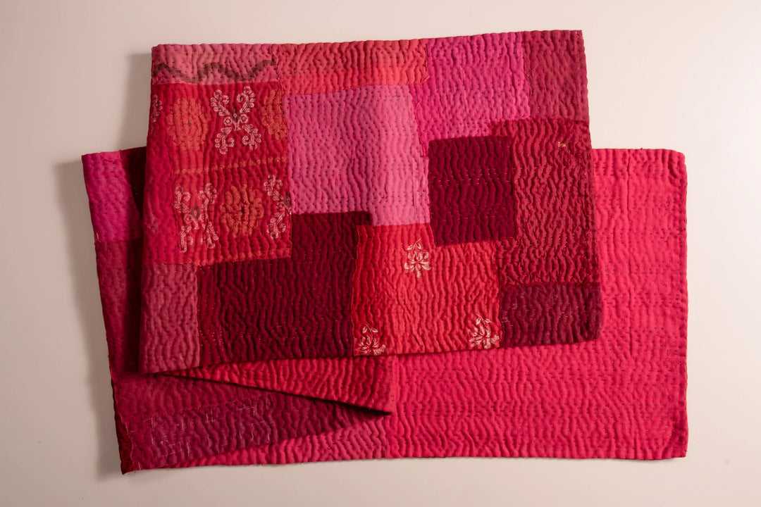 Landscape Fray Patch Vintage Kantha Runner -Red
