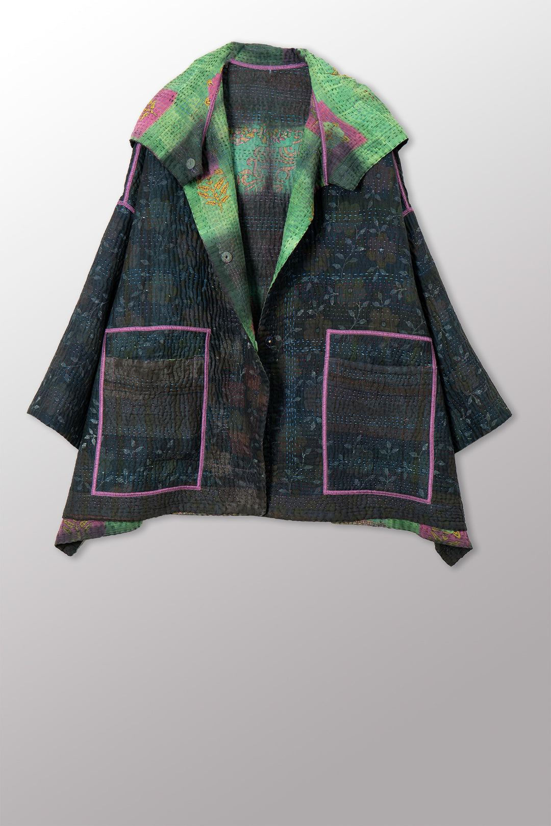 VINTAGE COTTON GREY CLAMP TIE DYE KANTHA HOODIE PONCHO - su4064-0003a -