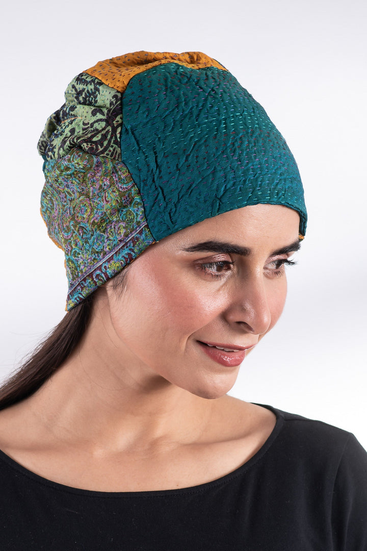 VINTAGE SILK KANTHA PATCHWORK HAT - sv2880-grn -