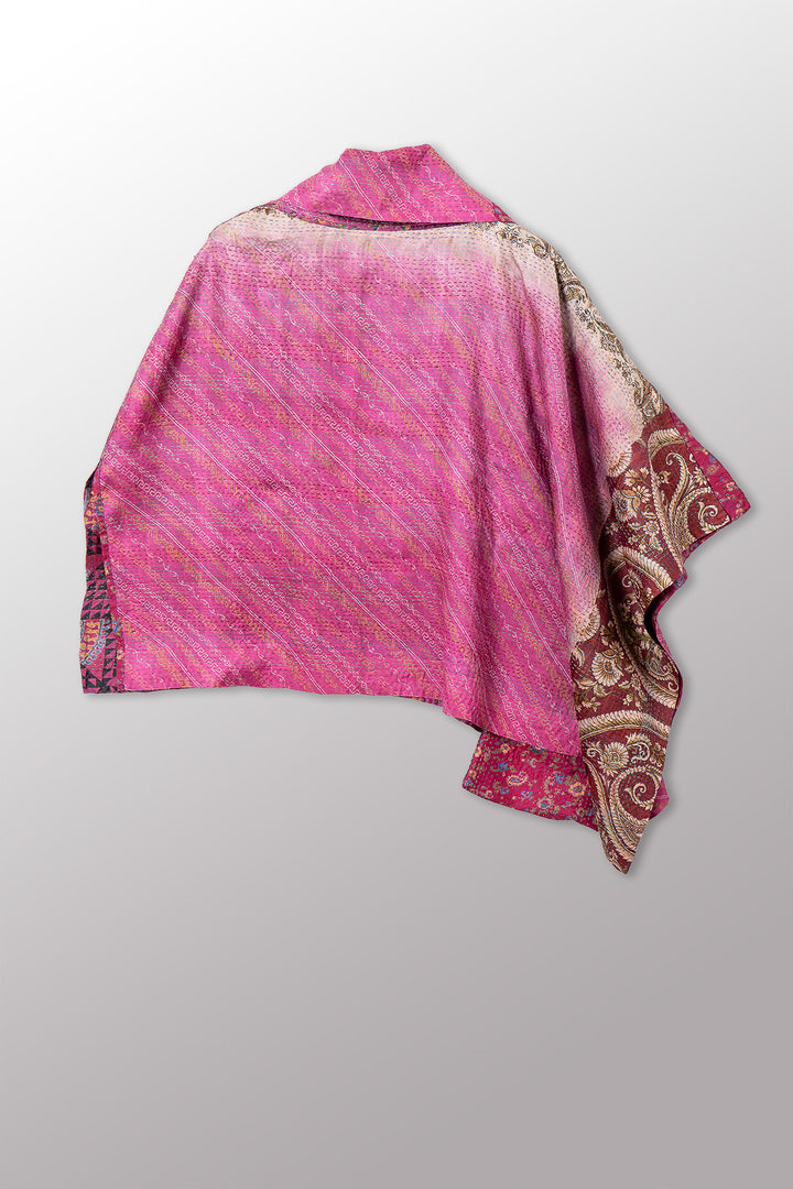 VINTAGE SILK KANTHA COWL NECK LONG CAPE - sv2842-0008a -