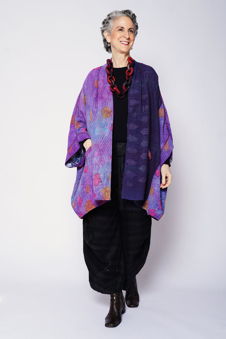 VINTAGE SILK GEORGETTE COTTON KANTHA DOUBLE COLLAR PONCHO - gc2323-0004a -