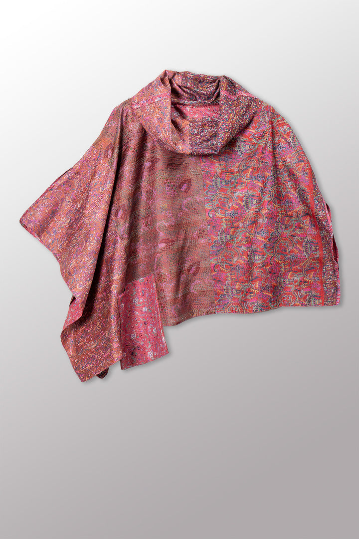 VINTAGE SILK KANTHA COWL NECK LONG CAPE - sv2842-0021a -