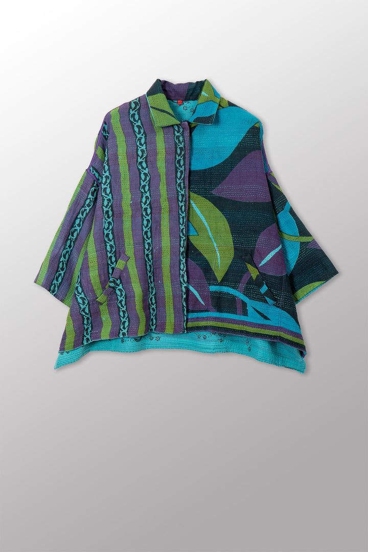 VINTAGE COTTON & NEW VOILE KANTHA CROPPED TENT SHIRT - cn2596-0004a -