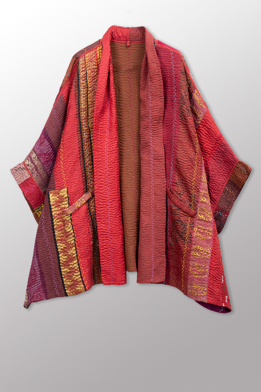 JEWEL WOVEN WITH VERTICAL PATCH KANTHA DOUBLE COLLAR PONCHO - jv4323-red -