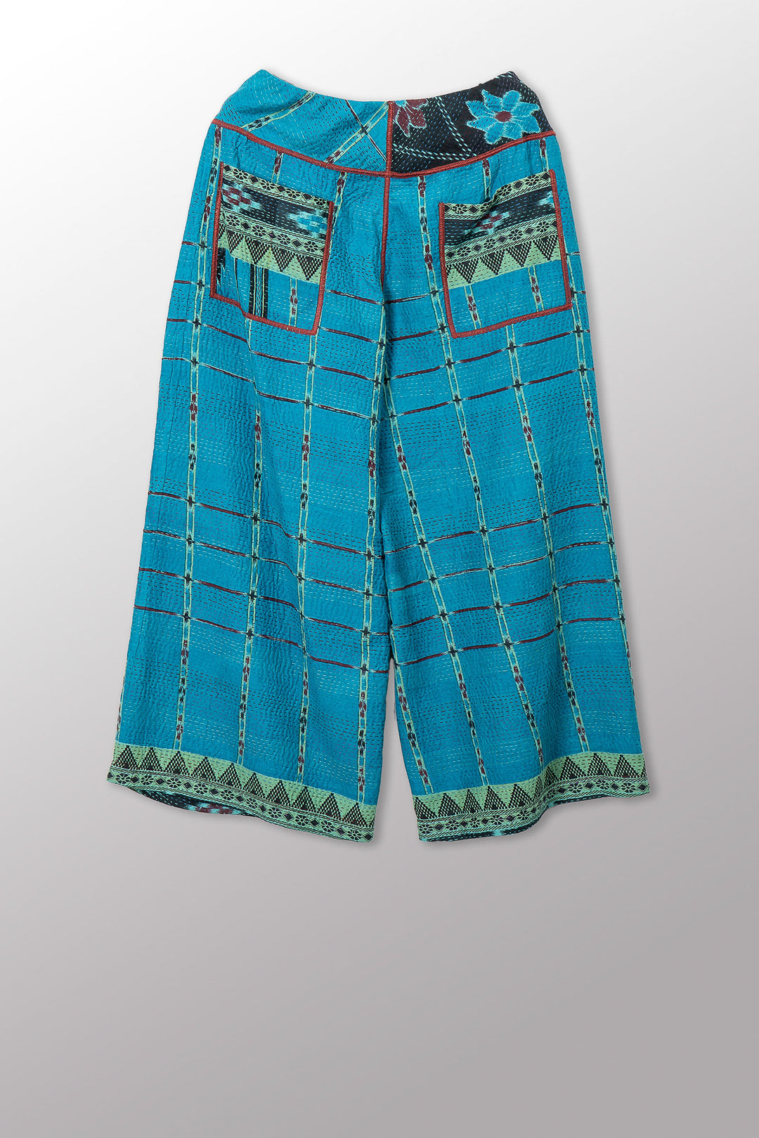 VINTAGE COTTON & NEW VOILE KANTHA MID RISE WIDE LEG PANTS - cn2665-0002s -