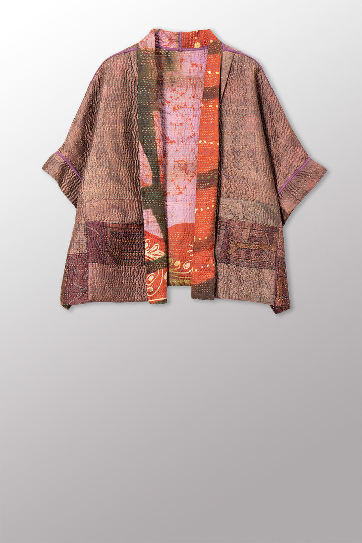VINTAGE PRINTED SILK CLAMP DYE WITH JACQUARD KANTHA MINI PONCHO - sk4060-0001a -