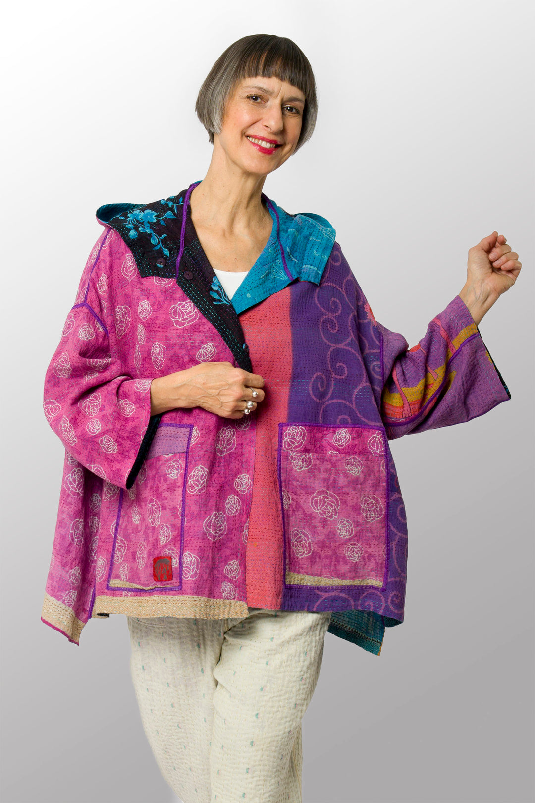 VINTAGE COTTON KANTHA HOODIE PONCHO - cv2064-0007a -