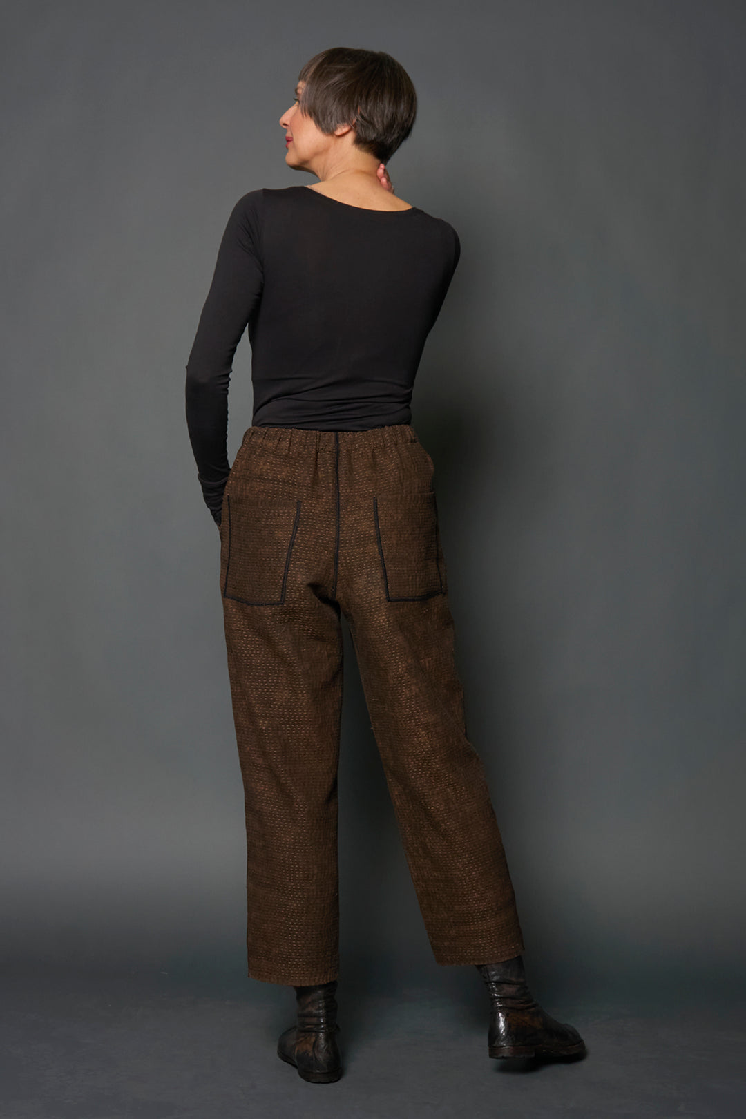 DENIM SUN-DYE KANTHA STRAIGHT PANTS - ds3664-brn -