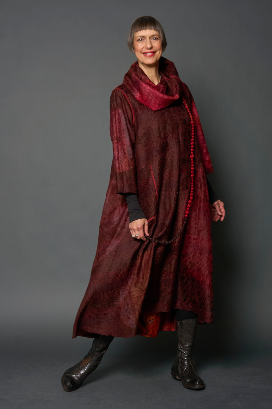 JACQUARD SILK PATCH TIE DYE CIRCLE SHIBORI KANTHA COWL NECK LONG SLEEVE DRESS - wj2450-brn -