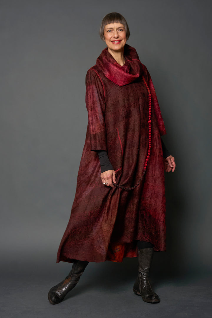 JACQUARD SILK PATCH TIE DYE CIRCLE SHIBORI KANTHA COWL NECK LONG SLEEVE DRESS - wj2450-brn -