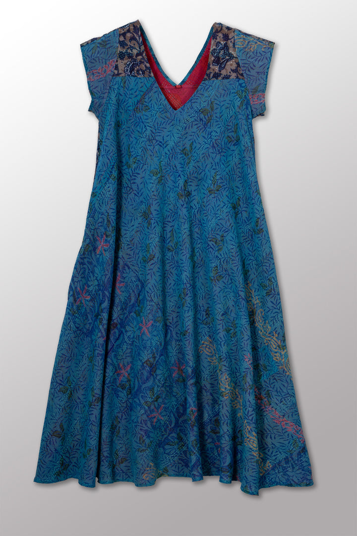 VINTAGE SILK GEORGETTE COTTON KANTHA CAP SLV. FLARE DRESS - gc2425-0004s -