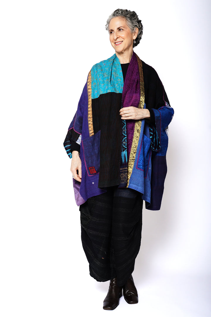 DESERT WAVES KANTHA DOUBLE COLLAR PONCHO - dw2323-blu -