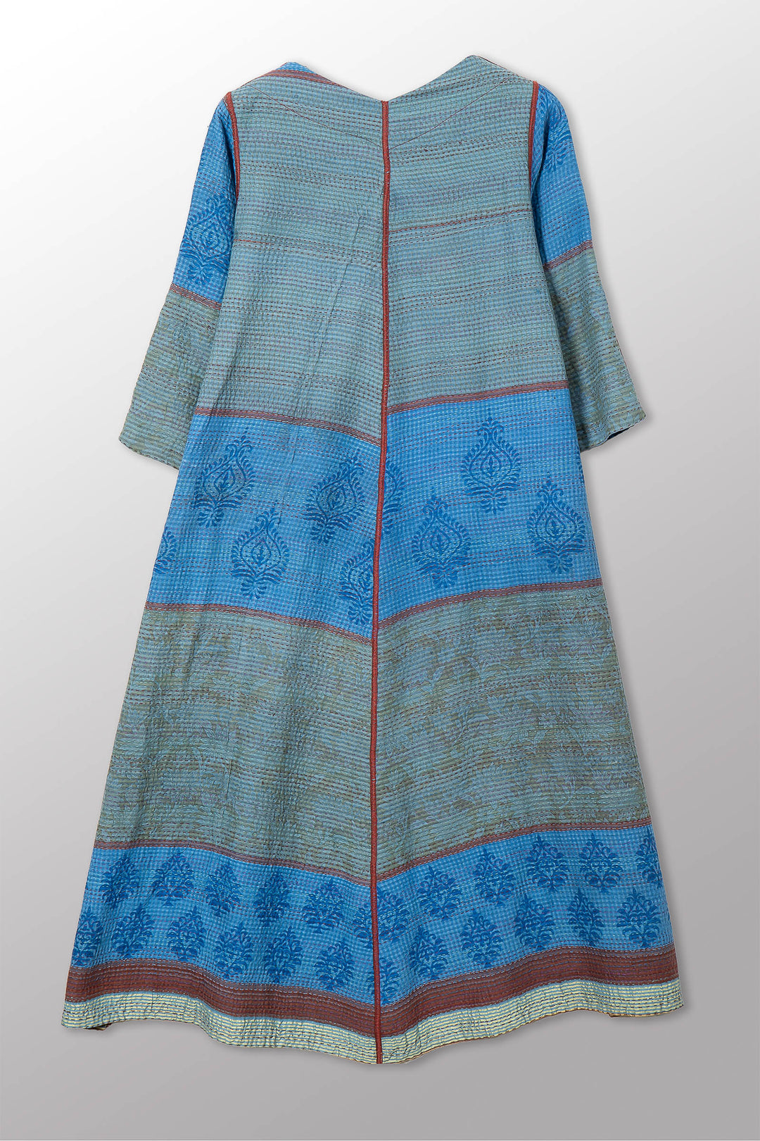 VINTAGE COTTON & NEW VOILE KANTHA V-NECK FLARE DRESS - cn2457-0001s -