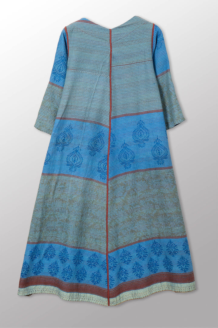 VINTAGE COTTON & NEW VOILE KANTHA V-NECK FLARE DRESS - cn2457-0001s -