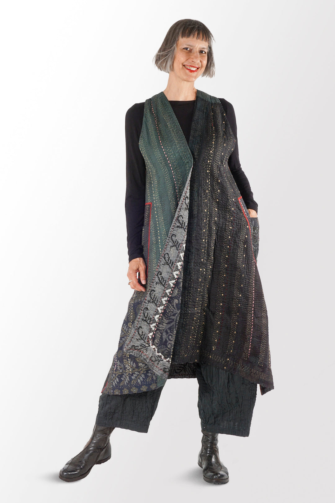 STRIPE RALLIS KANTHA BACK PLEATED VEST MAXI - pr4222-blk -