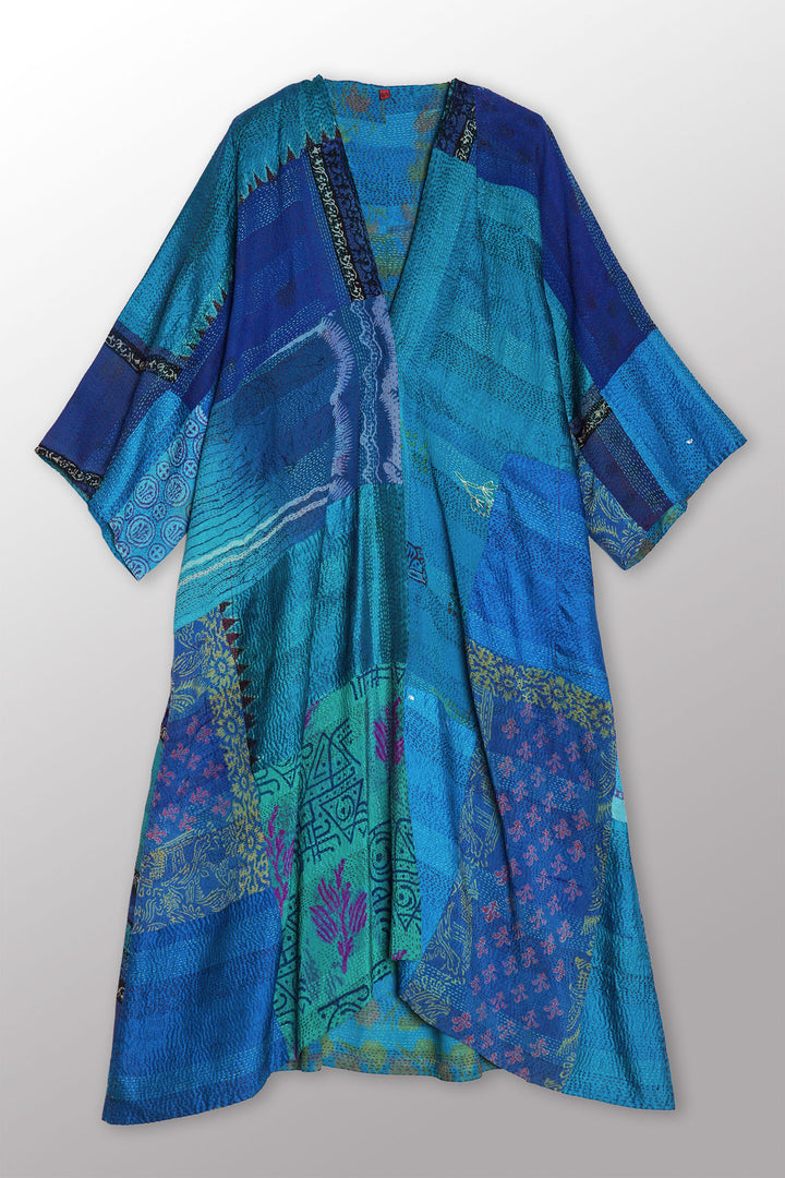 GEORGETTE VINTAGE SILK PATCH KANTHA KIMONO MAXI - gs2318-tuq -