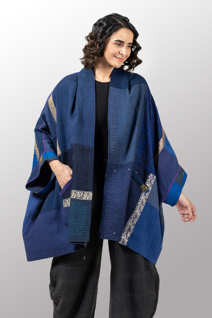 COTTON SILK SW PATCH KANTHA DOUBLE COLLAR PONCHO - ws4323-nvy -