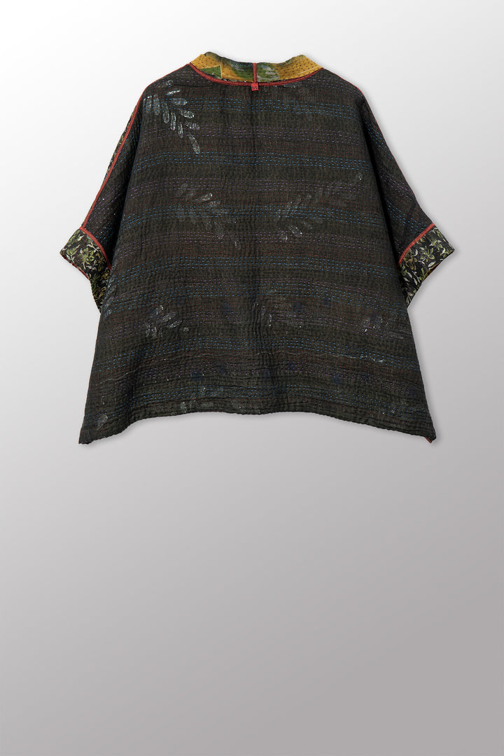 VINTAGE COTTON GREY CLAMP TIE DYE KANTHA MINI PONCHO - su4060-0002a -