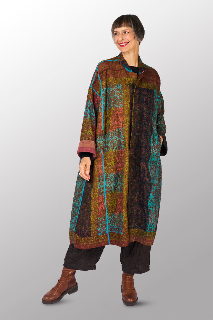 BAGH PRINT KANTHA NEW OVERSIZED COAT - bg4342-brn -