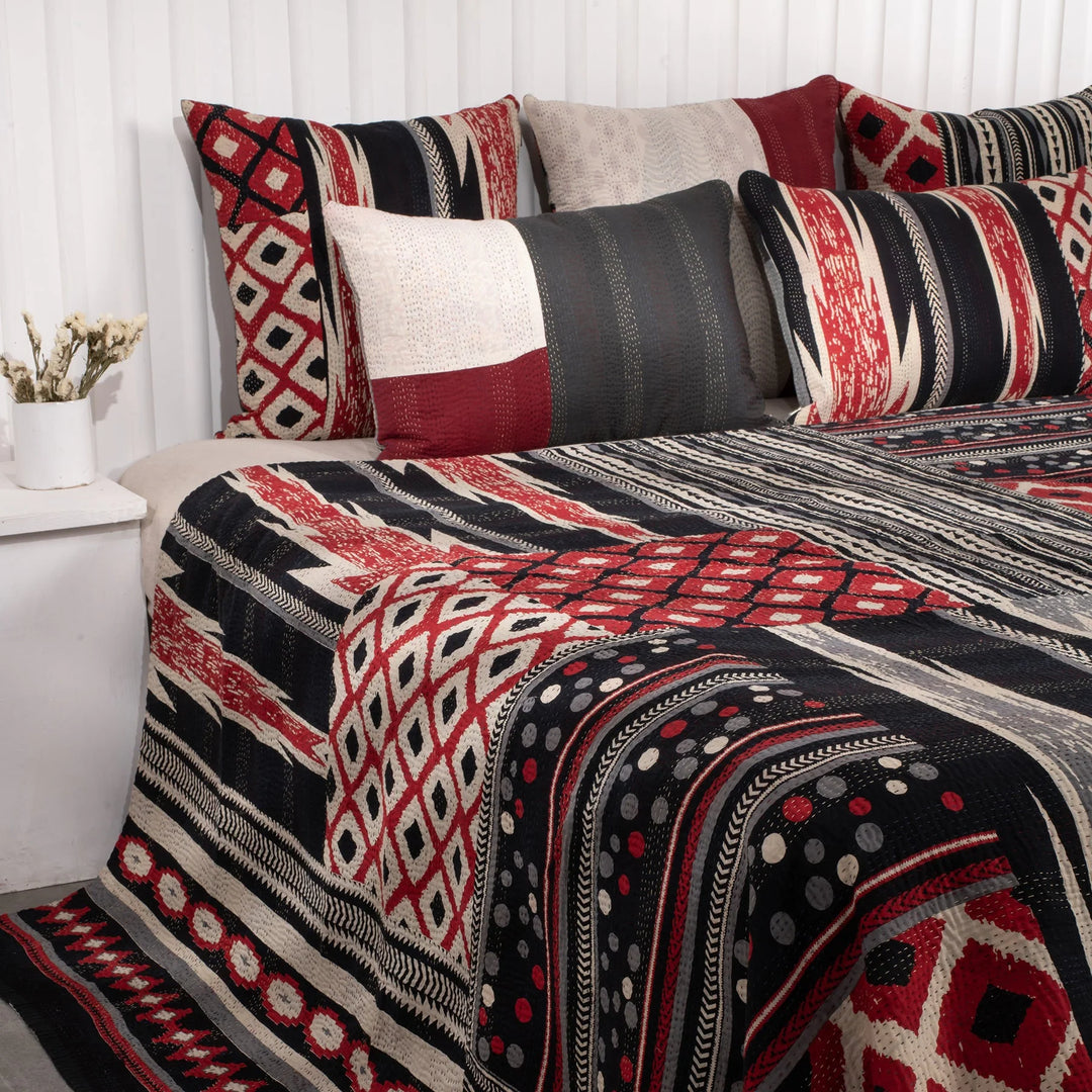 Monotone Ikat Handmade Vintage Kantha Quilts & Bed Cover -Red