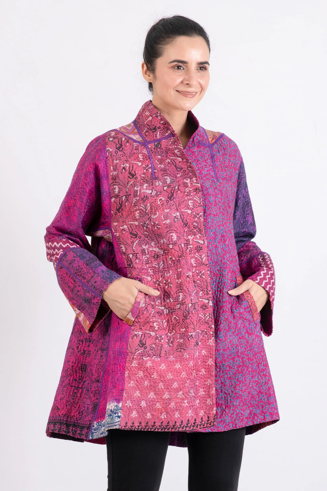 JACQUARD SILK KANTHA FLARE LONG JACKET - js4021-pik -