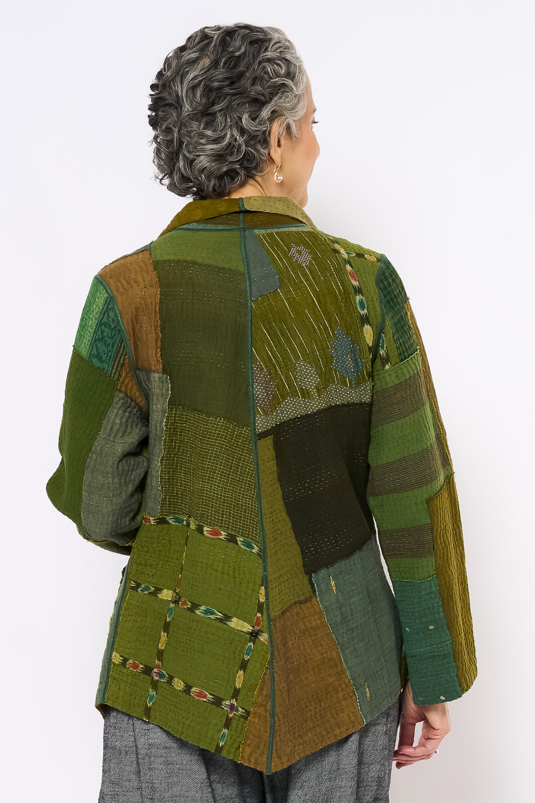 FRAYED PATCH MIX KANTHA WING COLLAR JACKET - fm4013-grn -