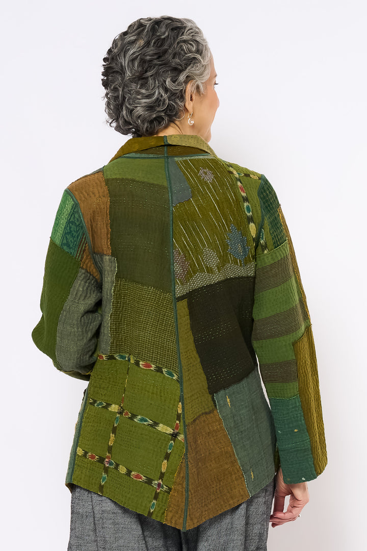 FRAYED PATCH MIX KANTHA WING COLLAR JACKET - fm4013-grn -