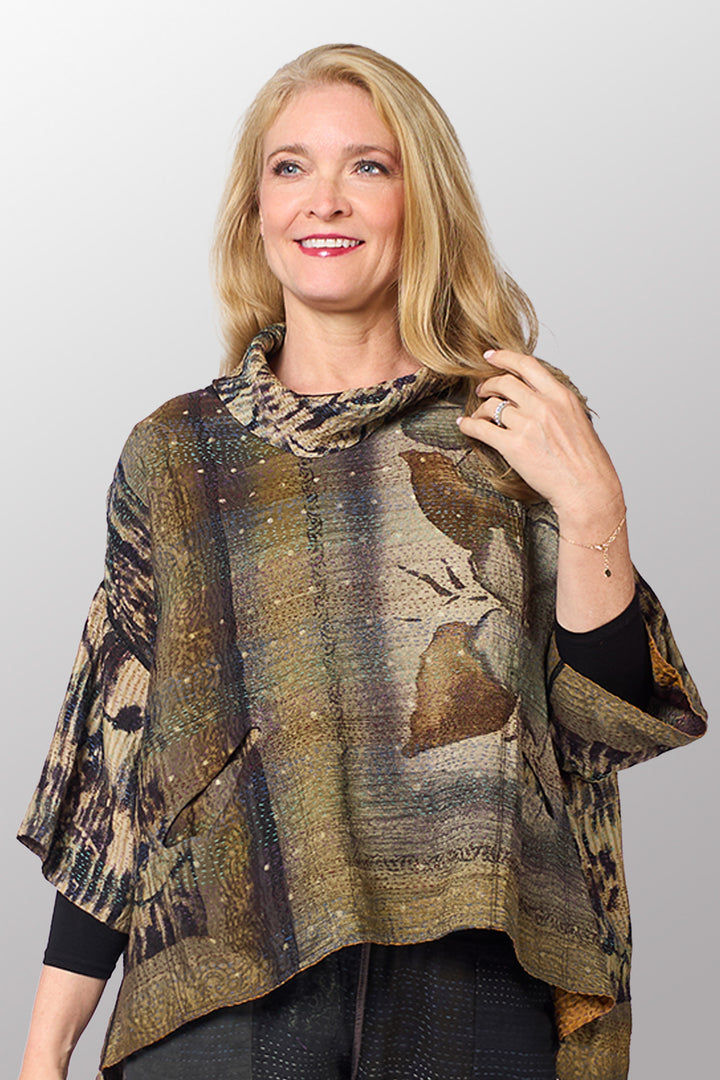 GEORGETTE JACQUARD VINTAGE SILK PATCH KANTHA COWL NECK PONCHO - gj2061-0001a -