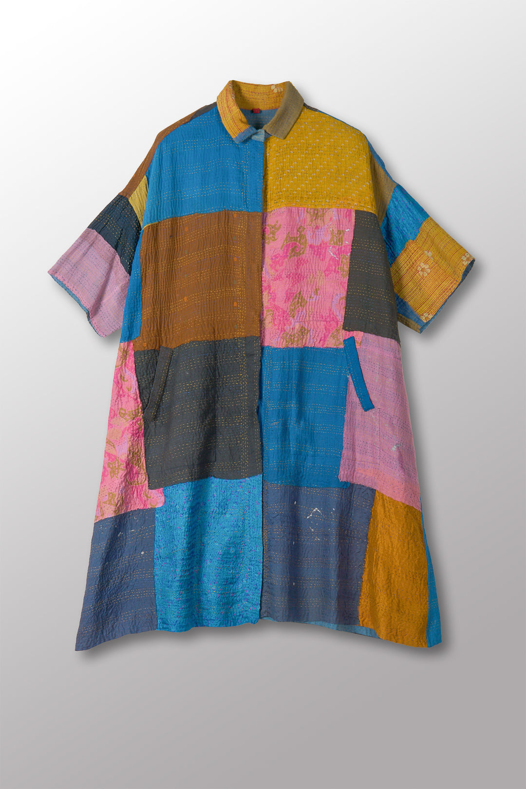 MOSAIC FRAY PATCH KANTHA HALF SLV. SHIRT DRESS - zb2429-mlt -