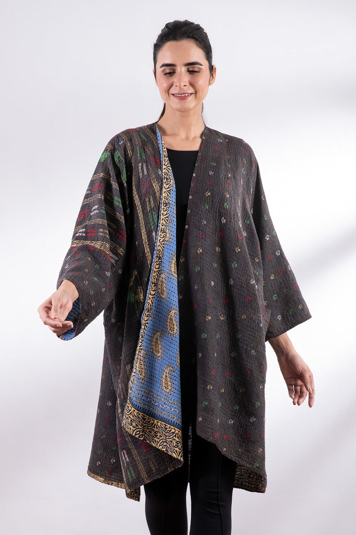 VINTAGE COTTON BBK KANTHA KIMONO DUSTER - bb2317-0009a -