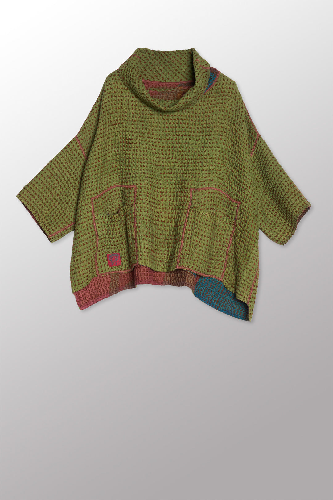 ABSTRACT WAFFLE KANTHA COWL NECK PONCHO - bw3061-red -