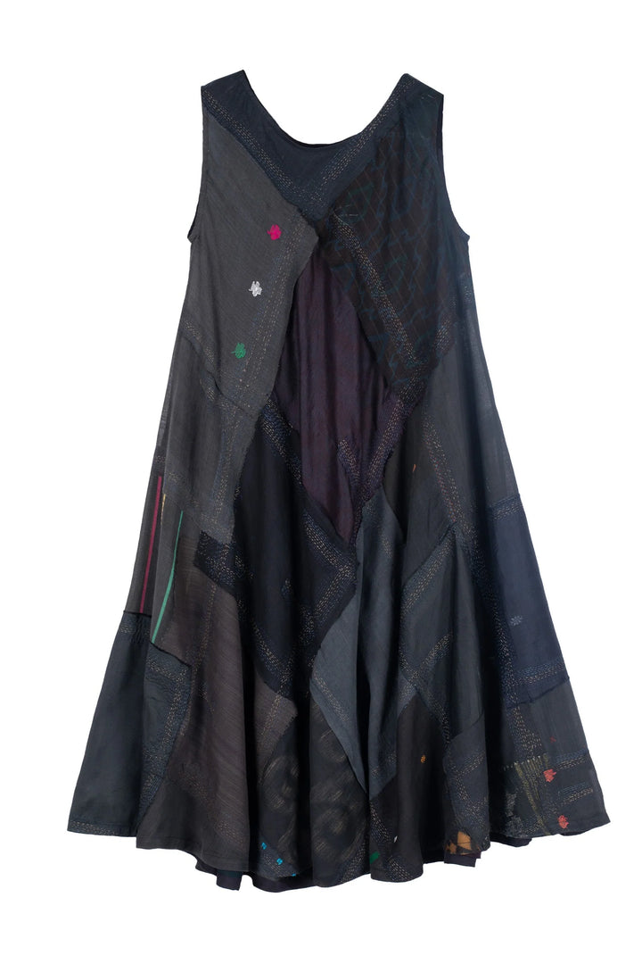 MOSAIC TILE PATCH KANTHA FULL CIRCULAR DRESS CITY - mt1421-blk -